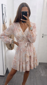 BLUMEN Chiffon Kleid zum binden / creme - gelb - rosa - hell blau Art. 14137