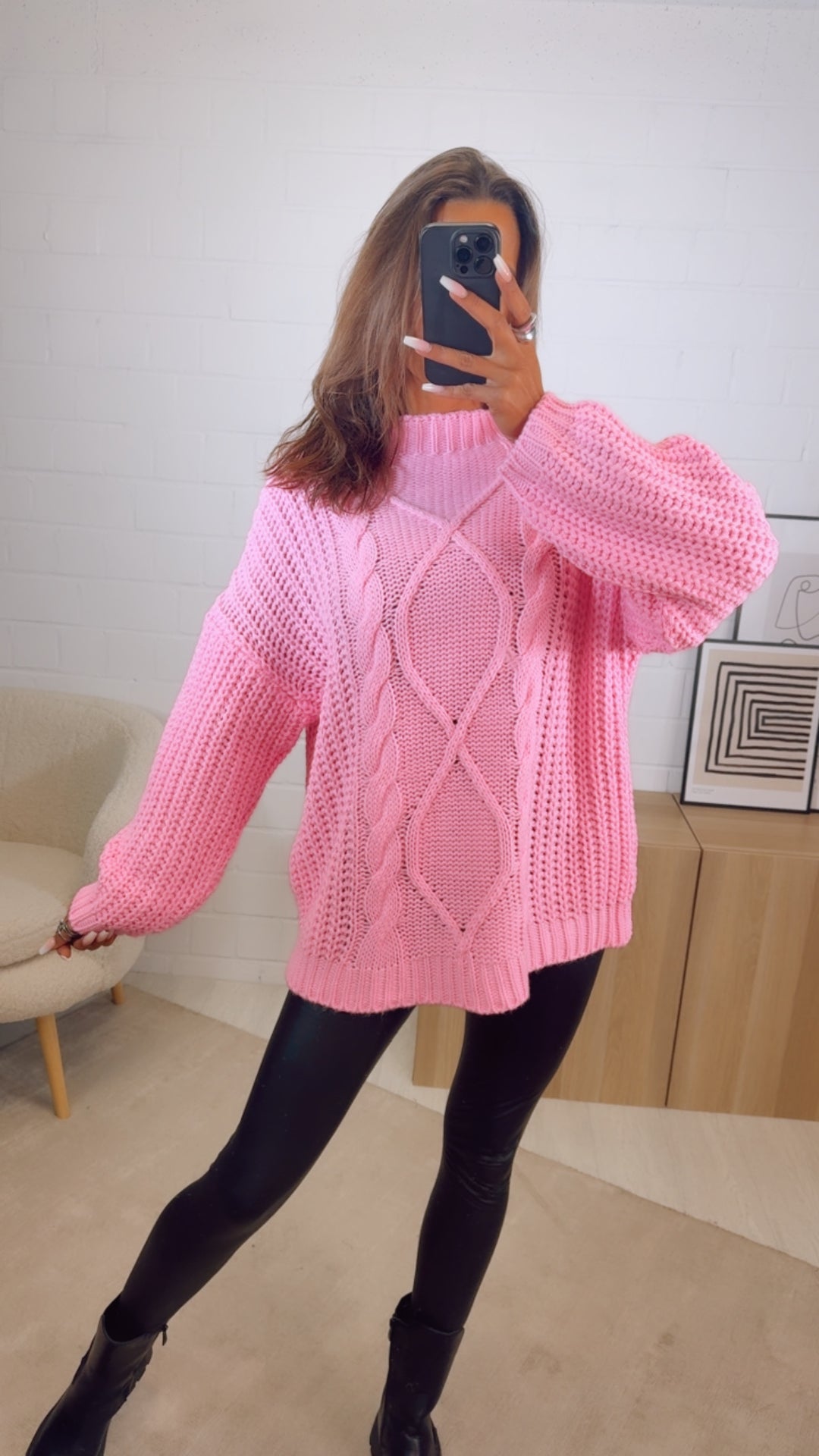 grober Strick Pullover mit Zopfmuster / pink Art. 12463