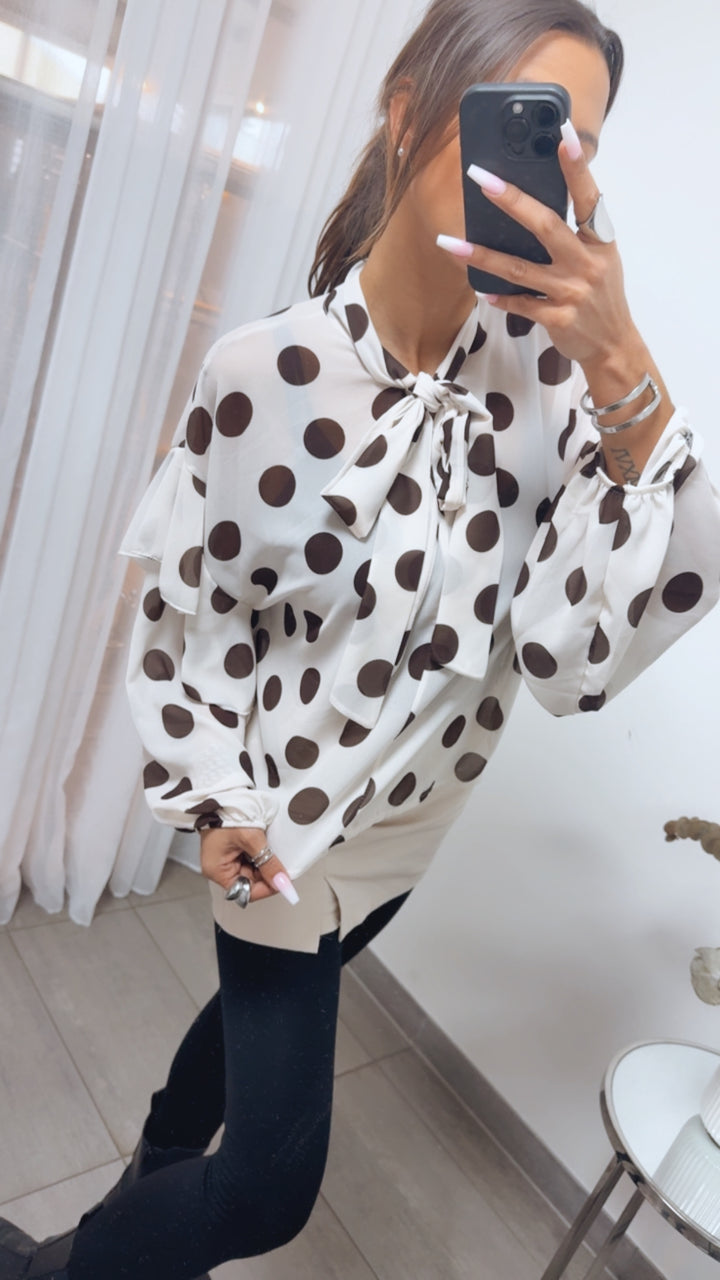 PUNKTE Transparente Bluse mit Schleife /weiss - schoko braun Art. 14114