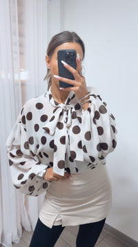 PUNKTE Transparente Bluse mit Schleife /weiss - schoko braun Art. 14114