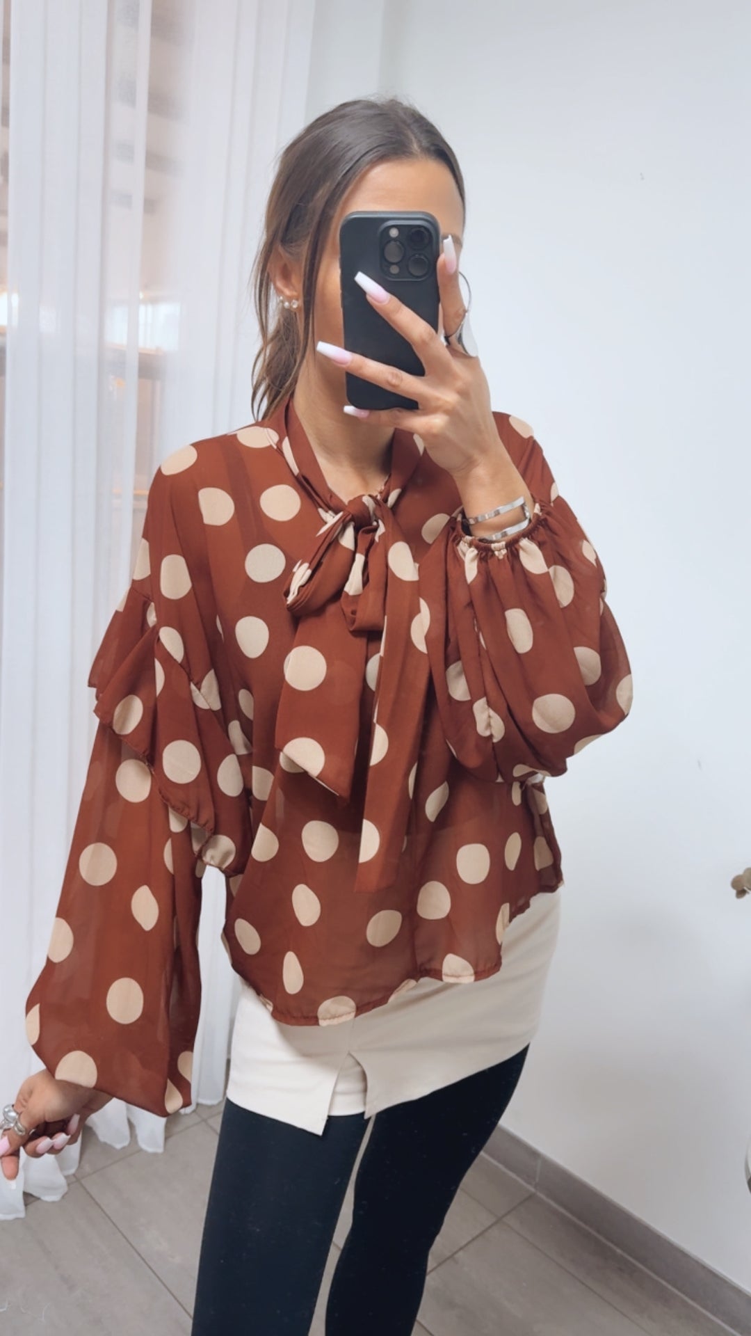 PUNKTE Transparente Bluse mit Schleife / rost - creme Art. 14115