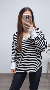 STREIFEN Sweater mit used V-Ausschnitt / schwarz - creme - weiss Art. 13340