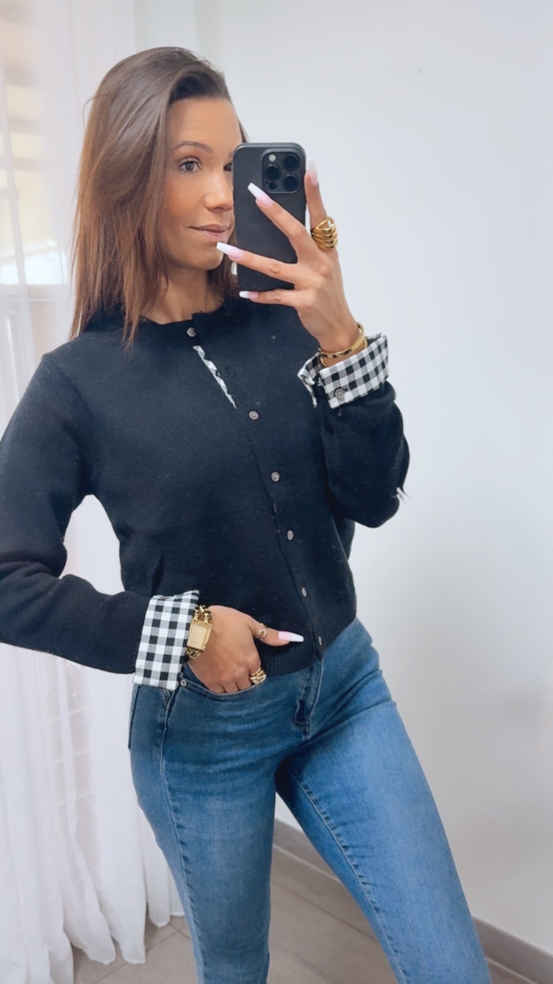 Strick Jacke mit Karo Akzenten / schwarz - weiss Art. 14185