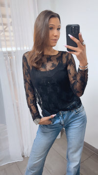 Mesh + Spitze transparentes Langarm Oberteil / schwarz Art. 14156