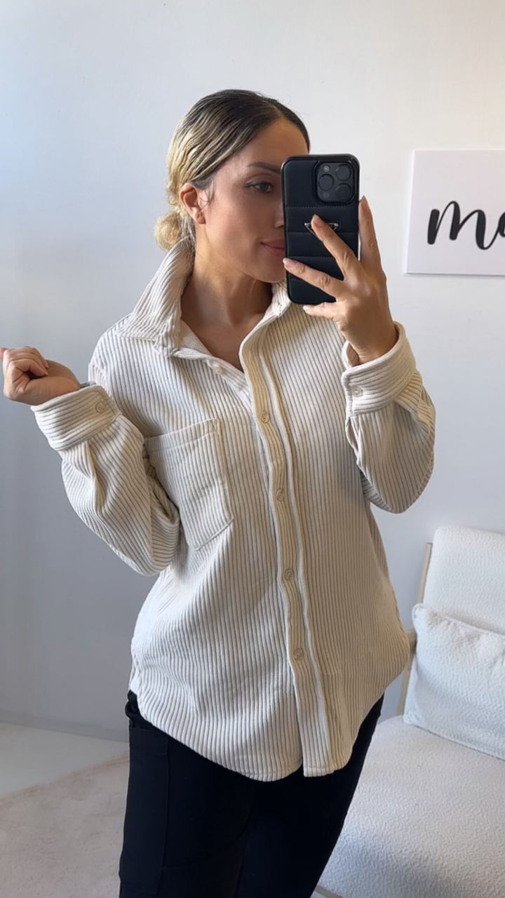 Bluse im Cord Look mit Brusttasche / creme Art. 12482