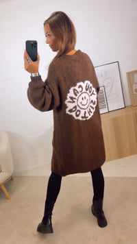 weicher, langer Strick Cardigan " can do this ", smiley / dunkel braun - rosa Art. 12513