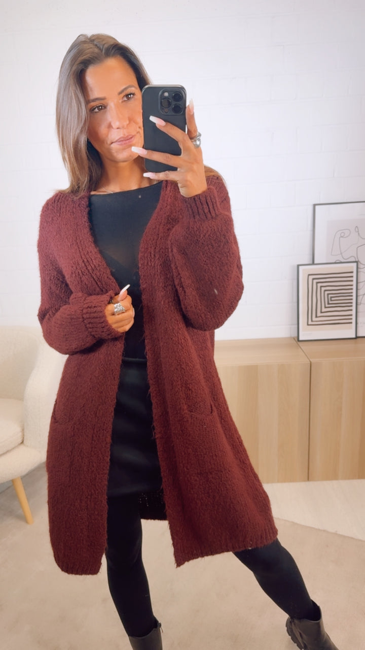 weicher, langer Strick Cardigan " can do this ", smiley / bordeaux rot - rosa Art. 12514