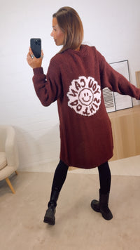 weicher, langer Strick Cardigan " can do this ", smiley / bordeaux rot - rosa Art. 12514