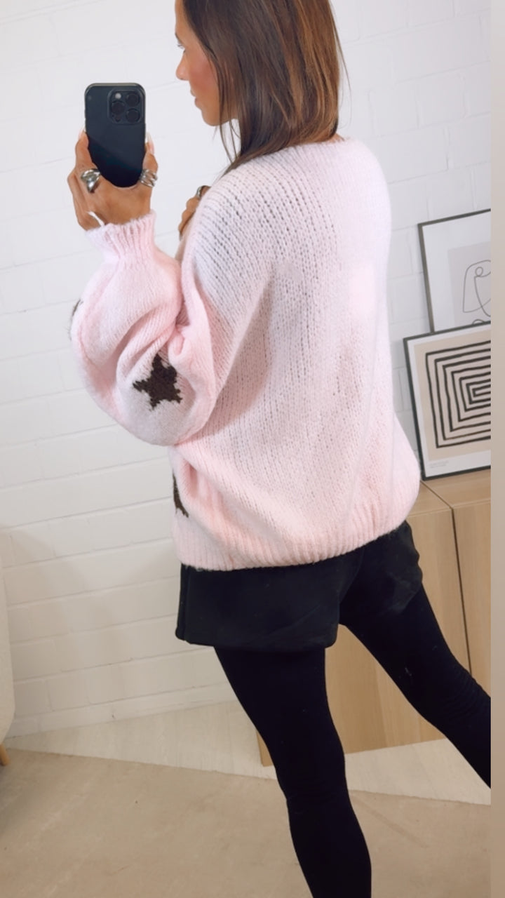 STERNE Strick Cardigan zum schnüren / rosa - dunkel braun Art. 12506