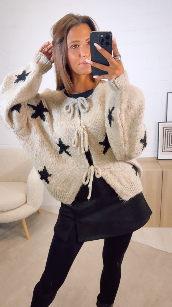 STERNE Strick Cardigan zum schnüren / beige - schwarz Art. 12504