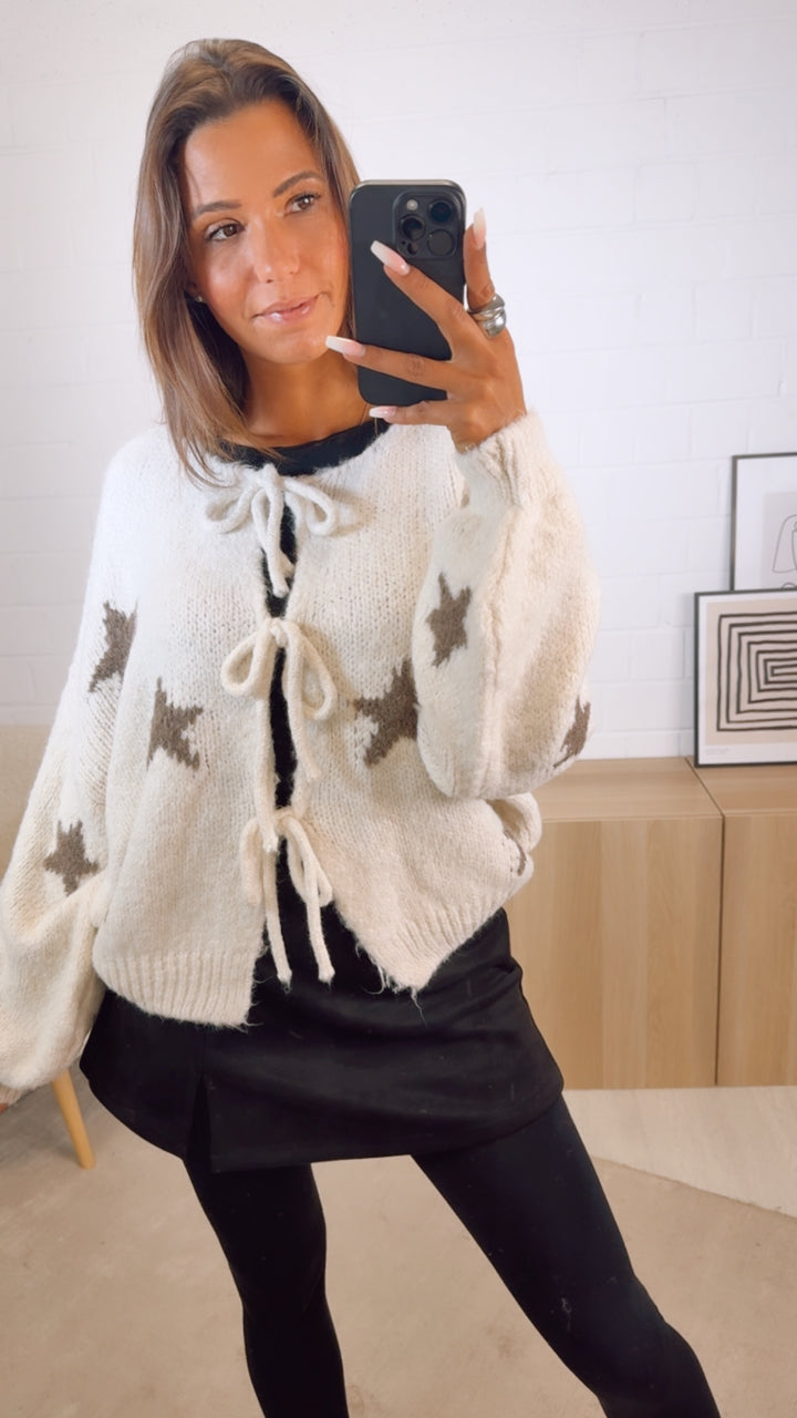 STERNE Strick Cardigan zum schnüren / creme - braun meliert Art. 12503