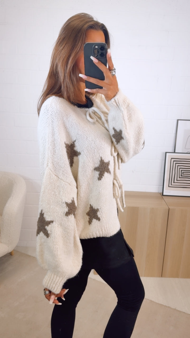 STERNE Strick Cardigan zum schnüren / creme - braun meliert Art. 12503