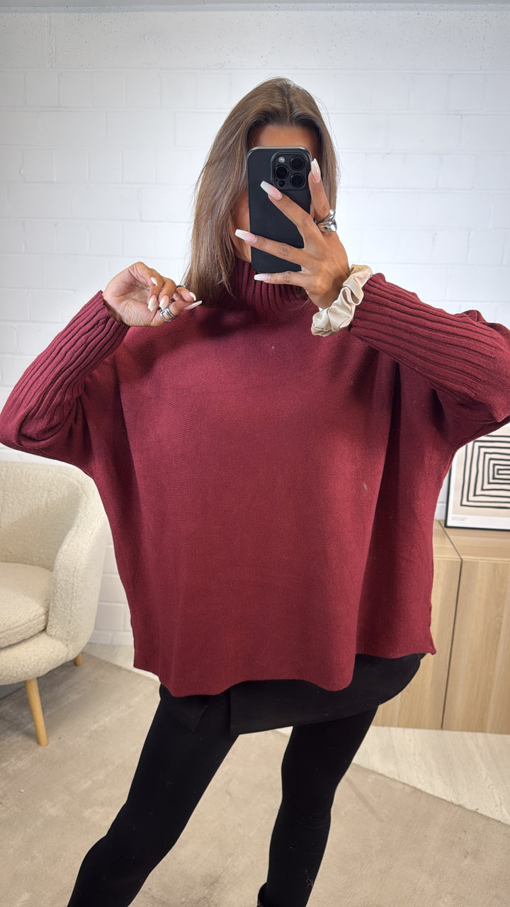 weicher Pullover mit geripptem Stehkragen / dunkel rot Art. 12465
