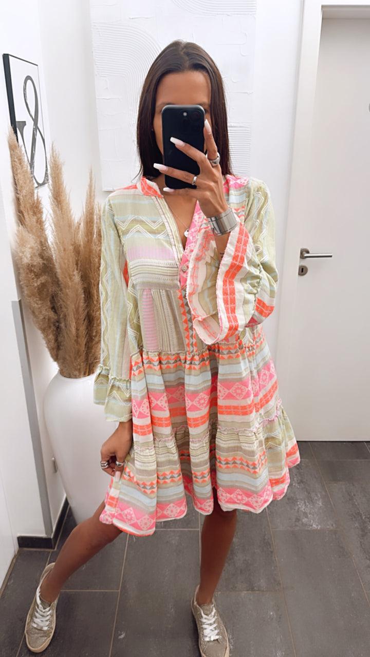 Tunika / Kleid in sommerlichen Farben / Boho grün - blau - pink Art. 5904