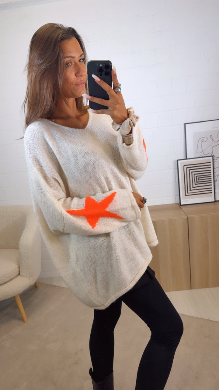 ultra oversize Strick Pullover " Take It Easy " / creme - neon orange Art. 12518