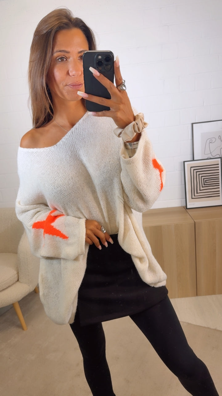 ultra oversize Strick Pullover " Take It Easy " / creme - neon orange Art. 12518
