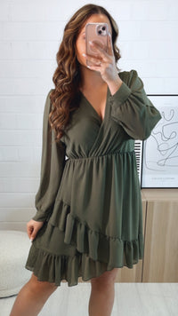 Chiffon Kleid in Wickeloptik / khaki Art. 9606