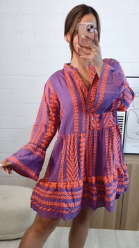 PREMIUM Tunika Kleid mit Muster / lila - neon pink Art. 9654