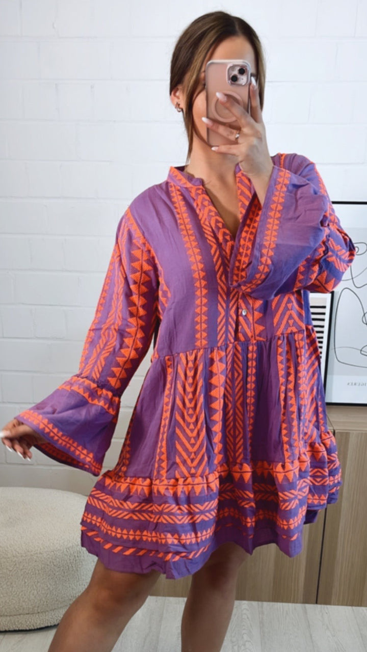 PREMIUM Tunika Kleid mit Muster / lila - neon pink Art. 9654