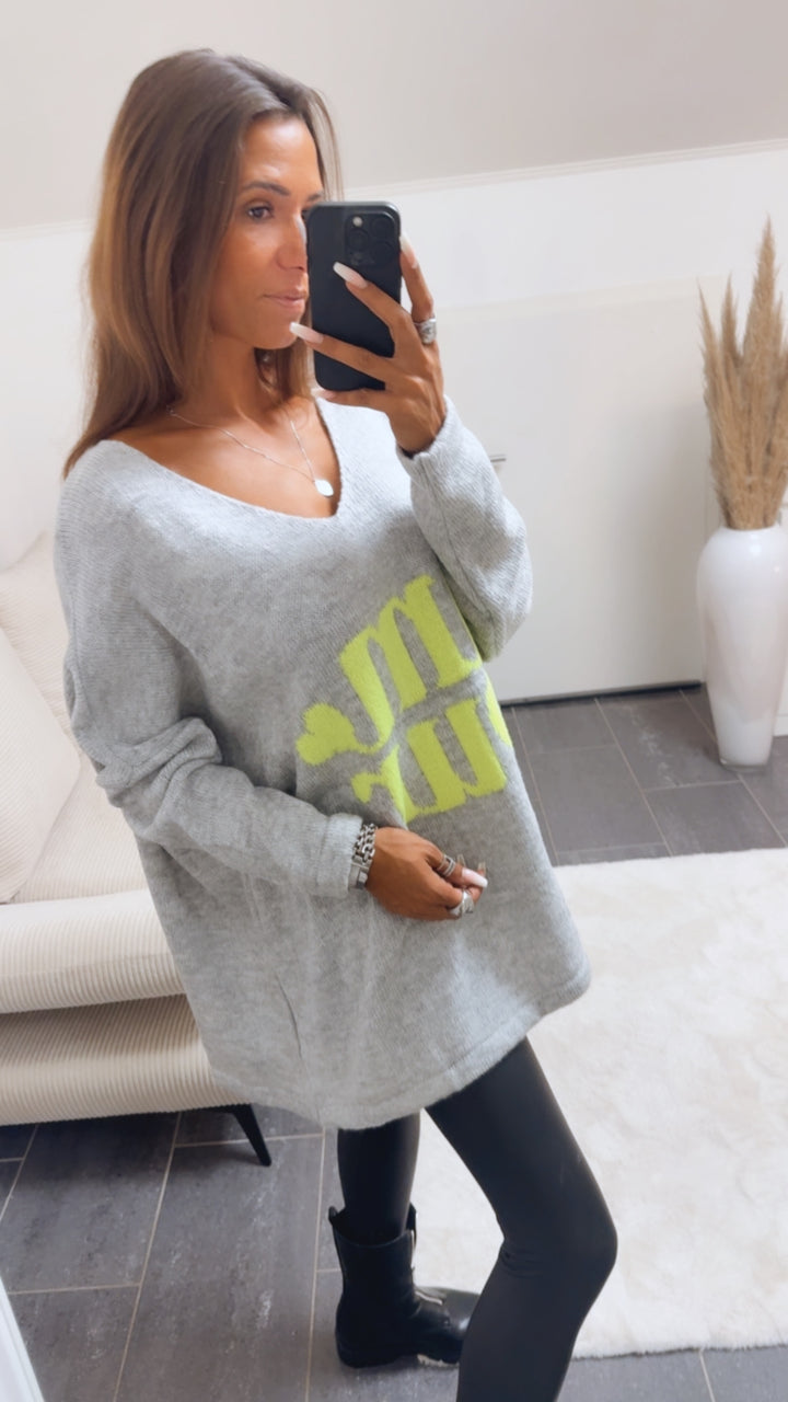 weiter Strick Pullover " Amour " / grau - neon gelb Art. 12516