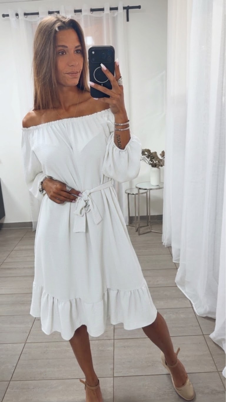 MIDI Off Shoulder Kleid mit Bindegürtel / weiss Art. 15544