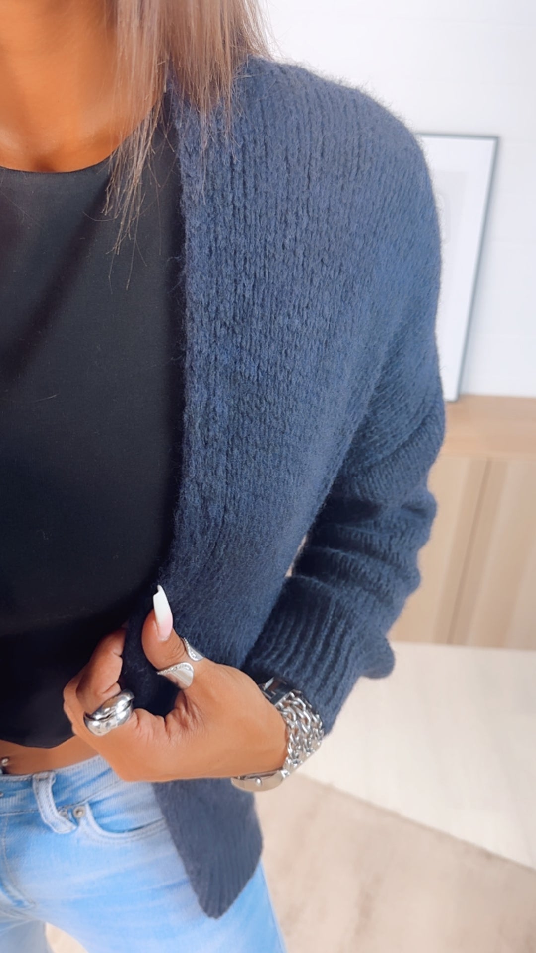 Offener, mittellang geschnittener Strick Cardigan / dunkel blau Art. 7204