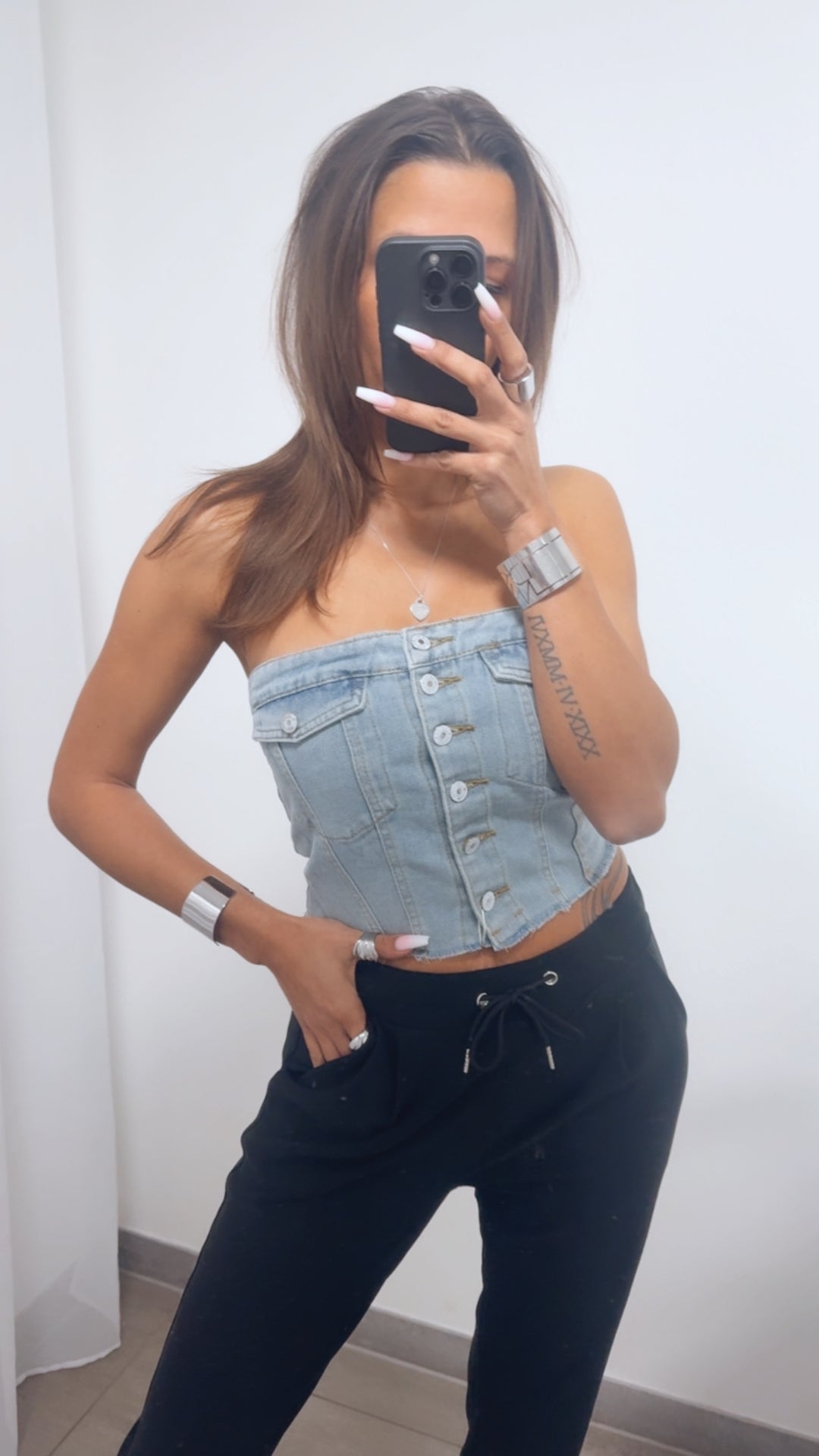elastisches Bandeau Top in Denim Optik / Denim Blau - sand verw. Art. 14120
