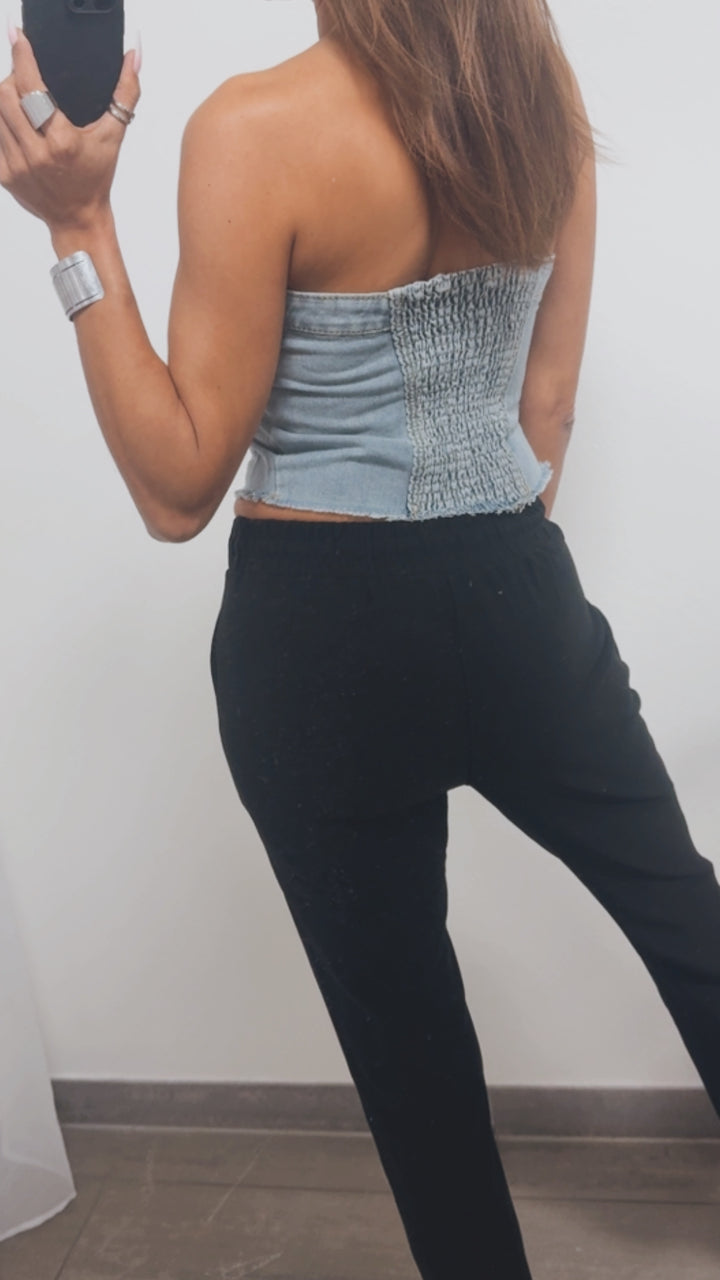 elastisches Bandeau Top in Denim Optik / Denim Blau - sand verw. Art. 14120