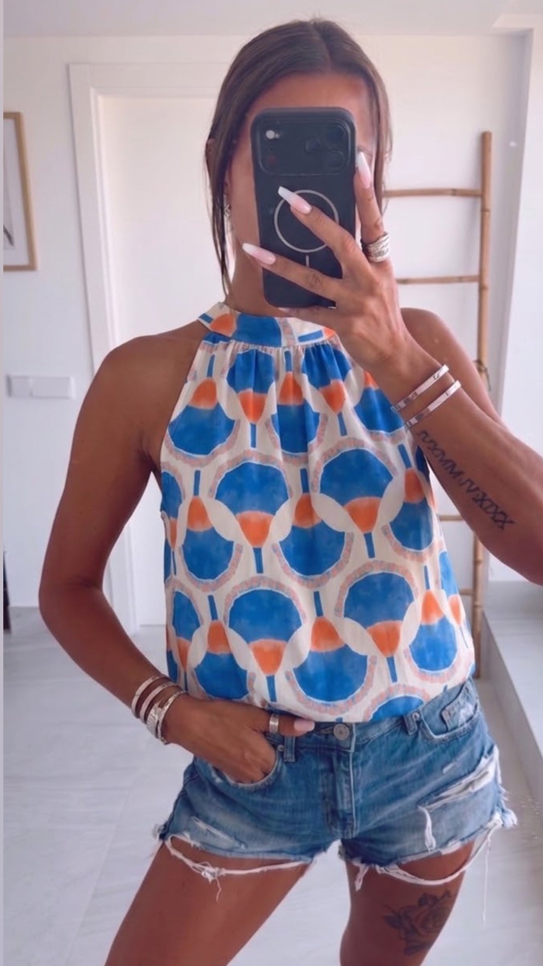 Große FÄCHER Print ärmelloses Top / weiss - royal blau -  orange Art. 15755