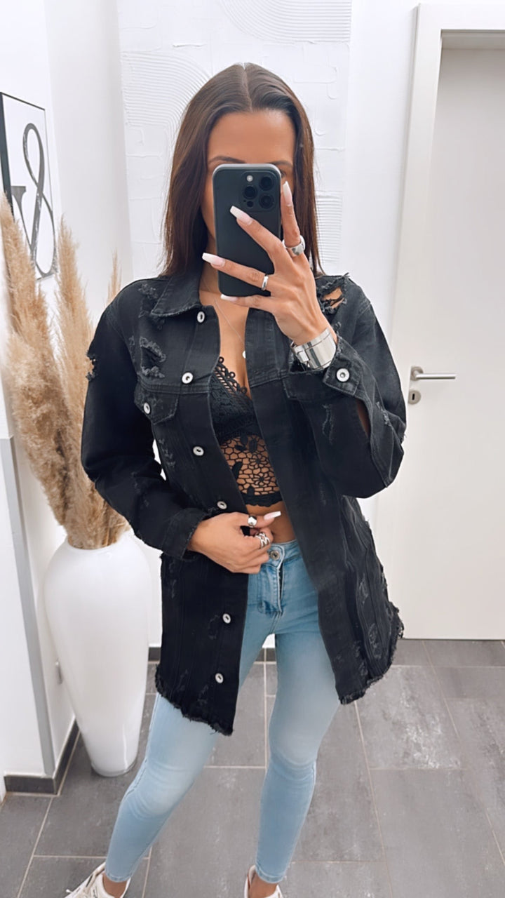 lange Jeansjacke mit used - Elementen / schwarz Art. 4971