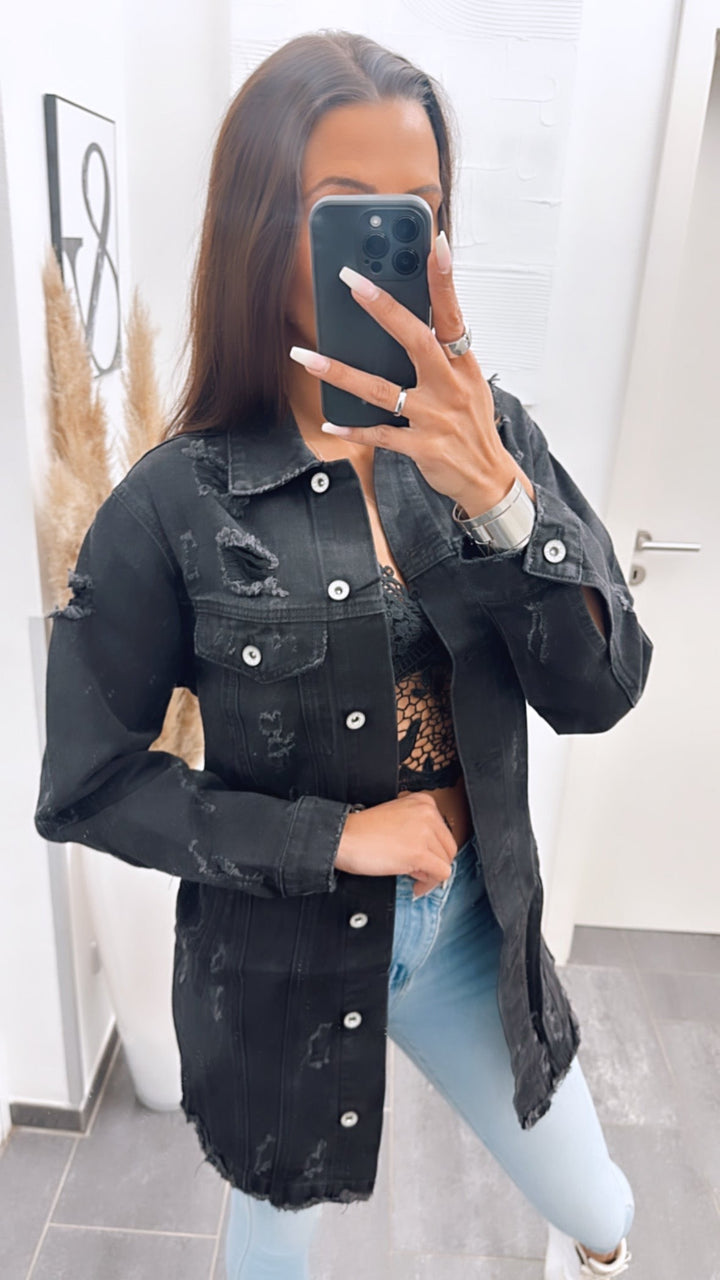 lange Jeansjacke mit used - Elementen / schwarz Art. 4971