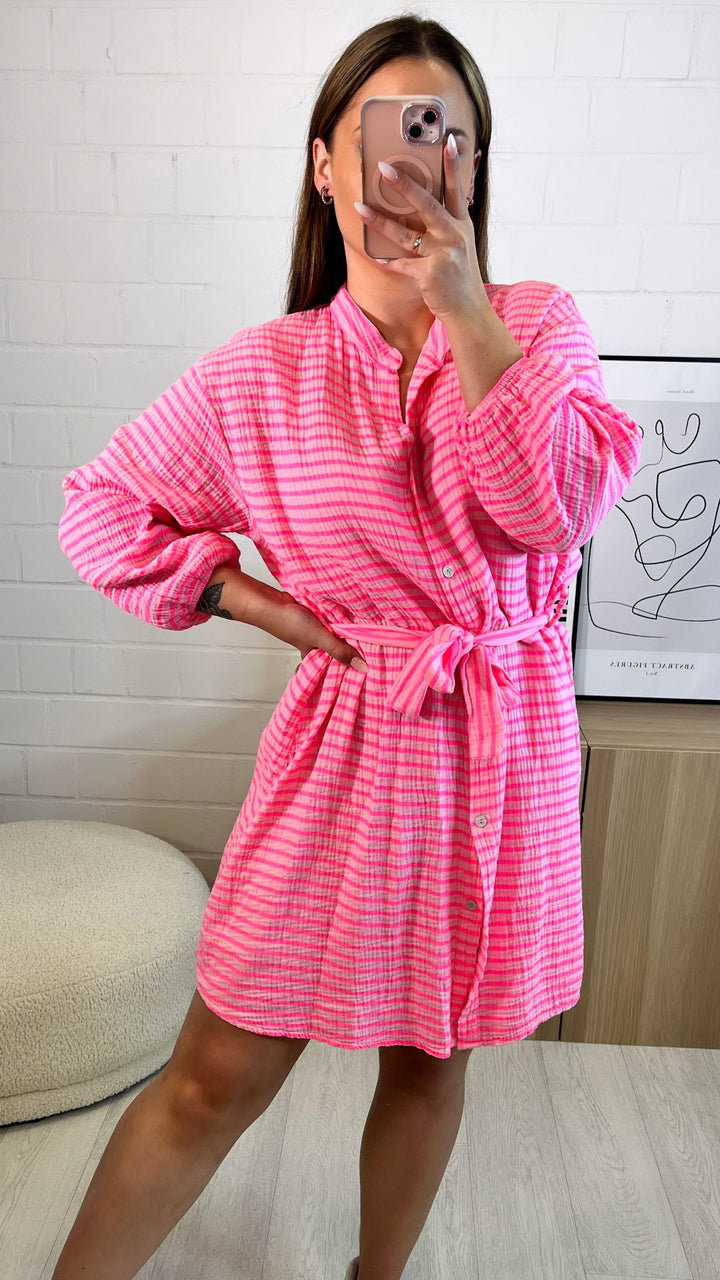 GESTREIFTES Musselin Kleid / soft pink - neon pink Art. 9725