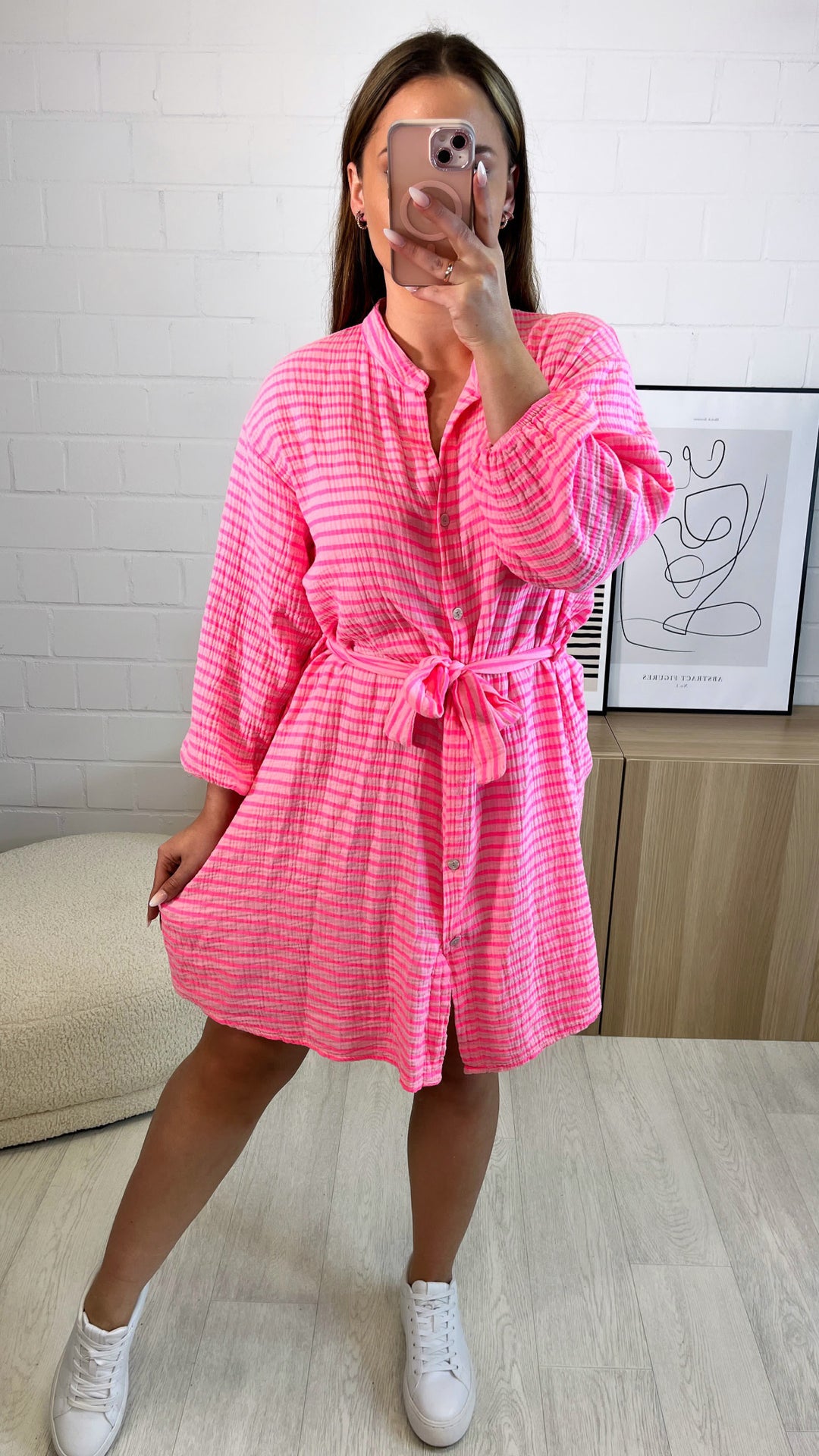 GESTREIFTES Musselin Kleid / soft pink - neon pink Art. 9725