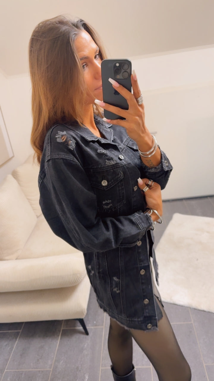 lange Jeansjacke mit used - Elementen / schwarz Art. 4971