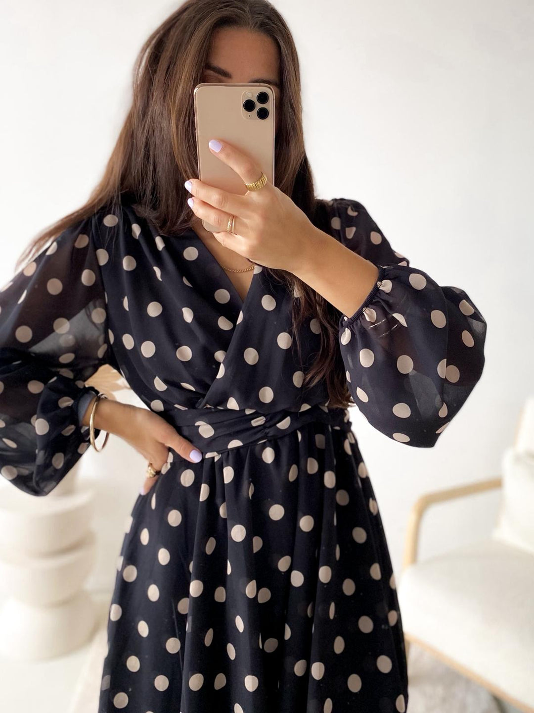 PUNKTE Chiffon Kleid / schwarz - creme Art. 12646