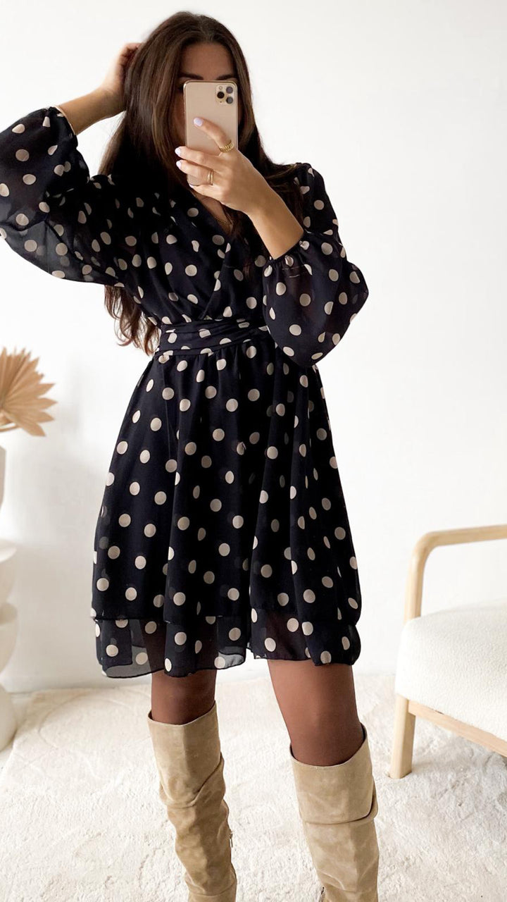 PUNKTE Chiffon Kleid / schwarz - creme Art. 12646