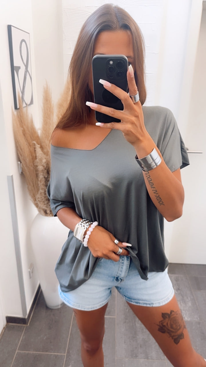 T-shirt Oberteil mit V-Ausschnitt / dunkel grau Art. 7278