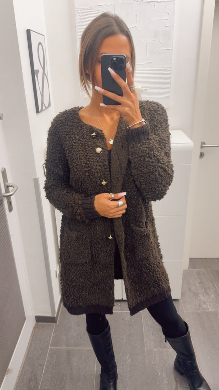 TEDDY langer Cardigan mit gold - silbernen Knöpfen, Taschen / dunkel braun Art. 12642