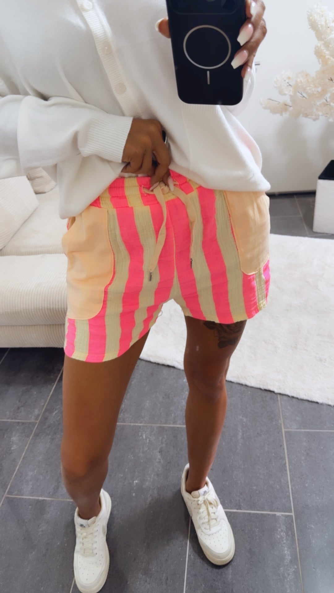 STREIFEN Musselin Shorts / neon pink - soft apricot Art. 15784
