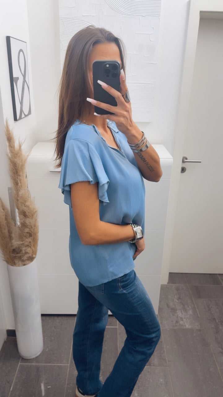 T-Shirt mit Volant Ausschnitt / denim blau Art. 14251