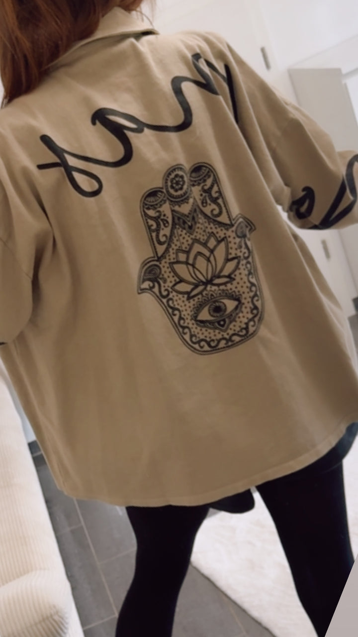 Jeans Hemd Jacke " Namaste " / dunkel beige - schwarz Art. 12669