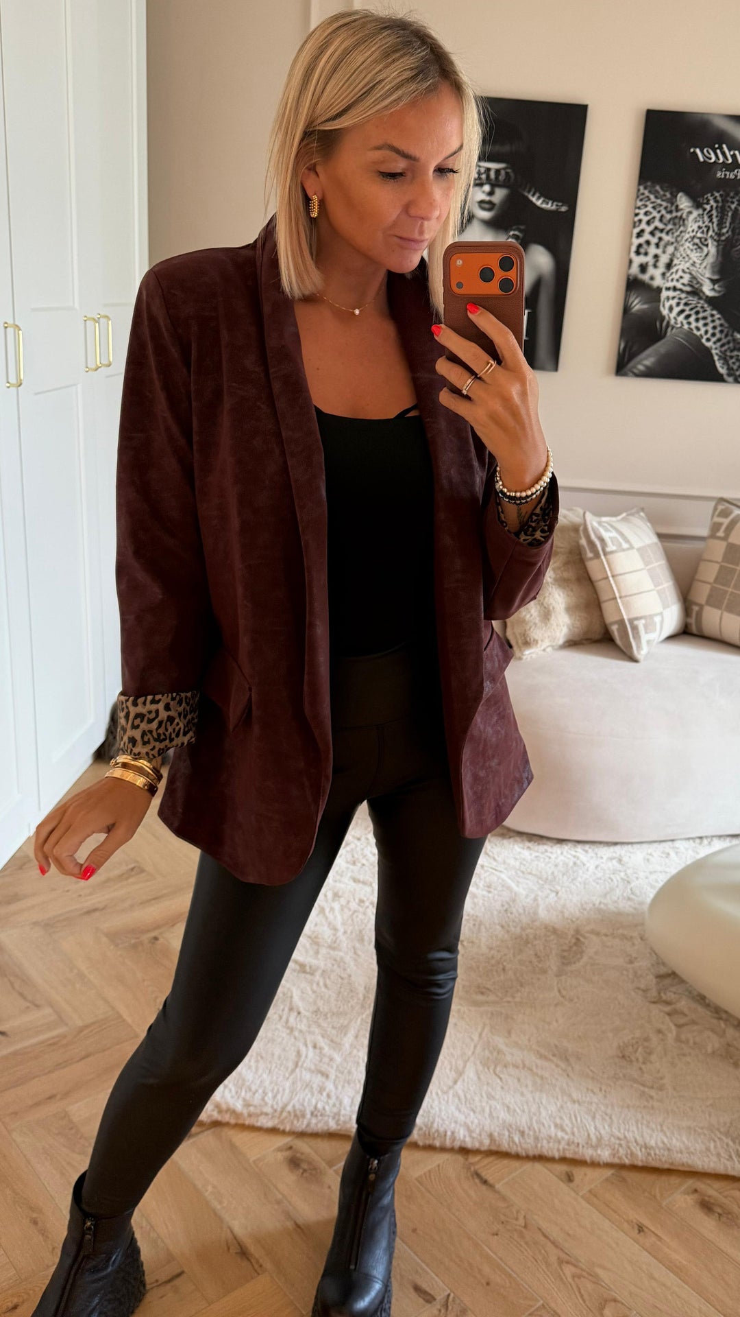 SMOKE LEDEROPTIK Blazer mit Leo Akzenten, Schimmeroptik / bordeaux rot Art. 12675