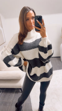 STREIFEN Ultra Oversize Kuschel - Pullover / creme - dunkel grau Art. 12679