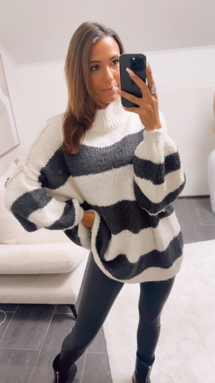 STREIFEN Ultra Oversize Kuschel - Pullover / creme - dunkel grau Art. 12679