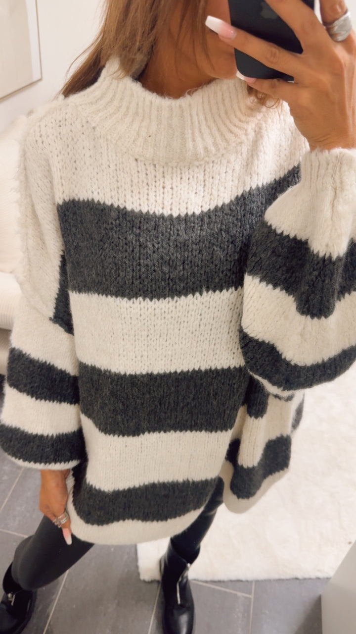 STREIFEN Ultra Oversize Kuschel - Pullover / creme - dunkel grau Art. 12679