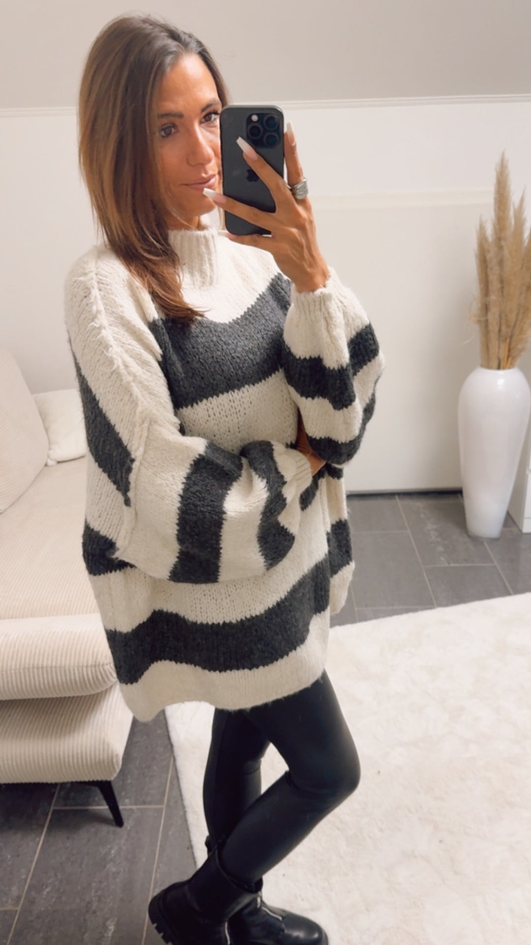 STREIFEN Ultra Oversize Kuschel - Pullover / creme - dunkel grau Art. 12679