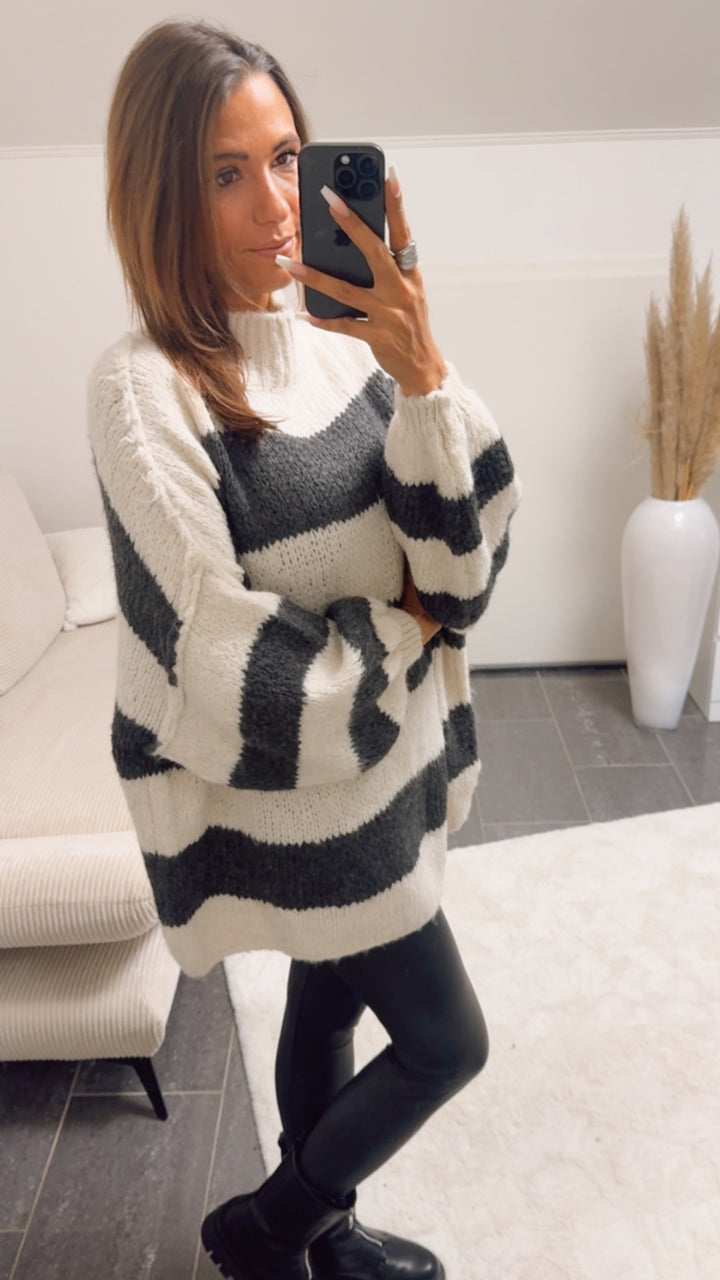 STREIFEN Ultra Oversize Kuschel - Pullover / creme - dunkel grau Art. 12679