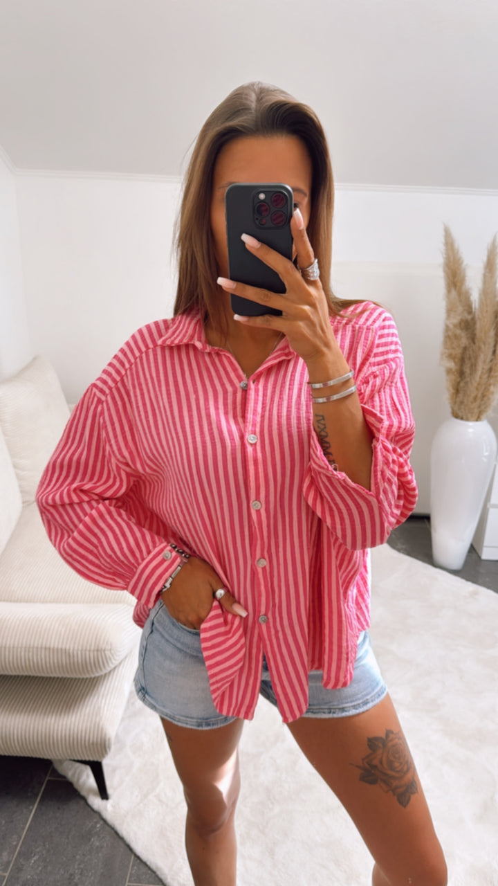 KURZE Oversize Musselin Bluse mit Streifen / pink - soft pink Art. 8898