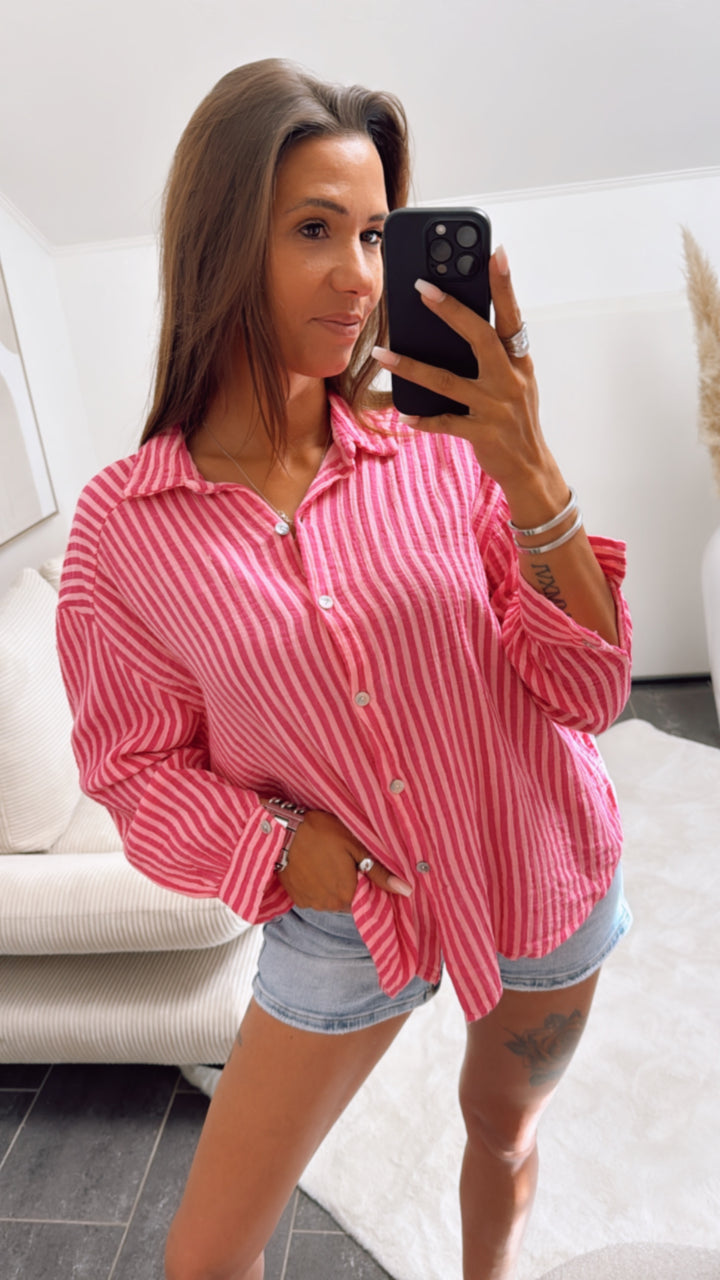 KURZE Oversize Musselin Bluse mit Streifen / pink - soft pink Art. 8898