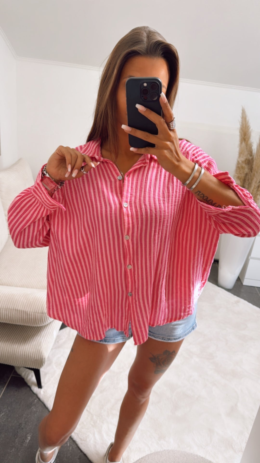 KURZE Oversize Musselin Bluse mit Streifen / pink - soft pink Art. 8898